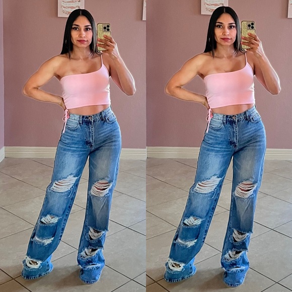 Nova Distressed Wide Leg Jeans - Picture 2 of 5